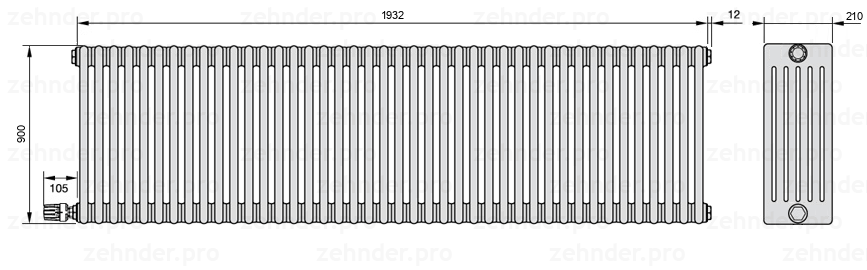 Схема (чертеж) Радиатор Zehnder Charleston 6090/42 №V004 Белый глянцевый RAL 9016